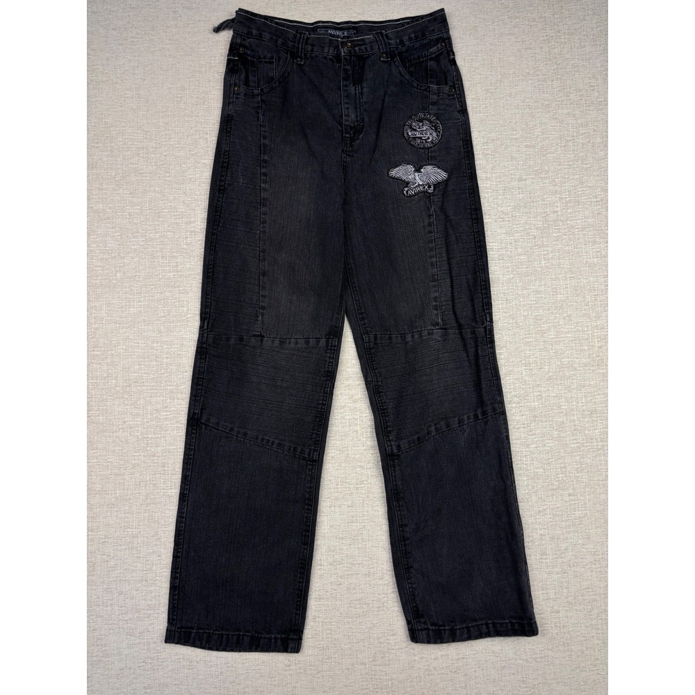 Avirex Womens Y2K Black Paneled Straight Leg Jeans Embroidered Patches Size 18